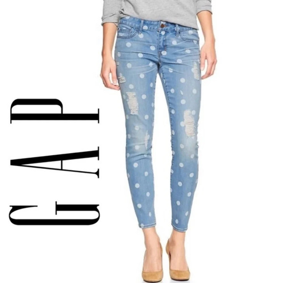 Gap Always Skinny Polka Dot Jeans size 28 Light Wash Distressed‎ Low Rise - Picture 1 of 6
